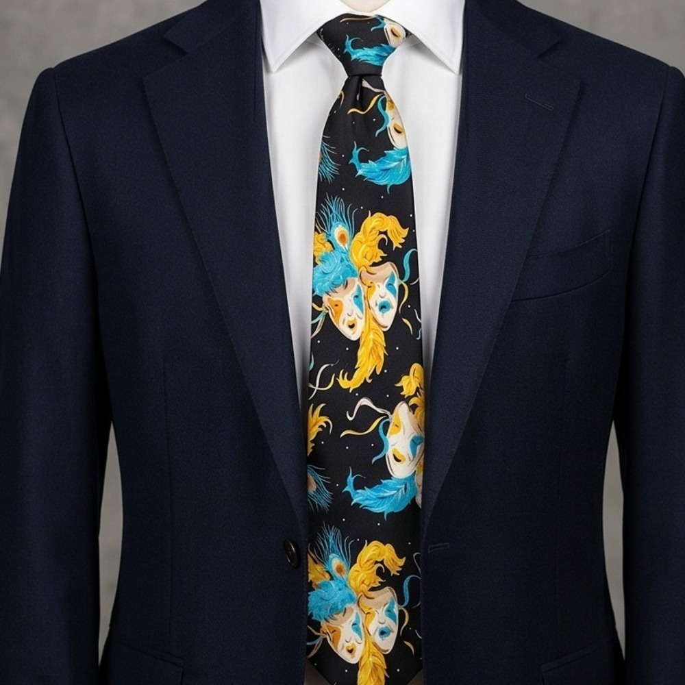 Fratello Mens Silk Tie Black Blue Yellow Venetian Masquerade Hand Made 58"x3.75"